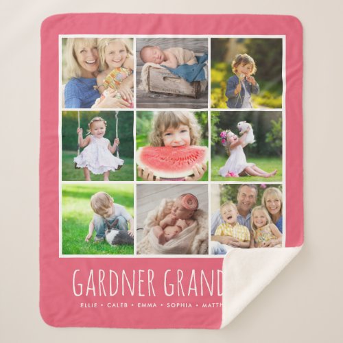 9 Photo Collage with Custom Grandkids Names  Pink Sherpa Blanket