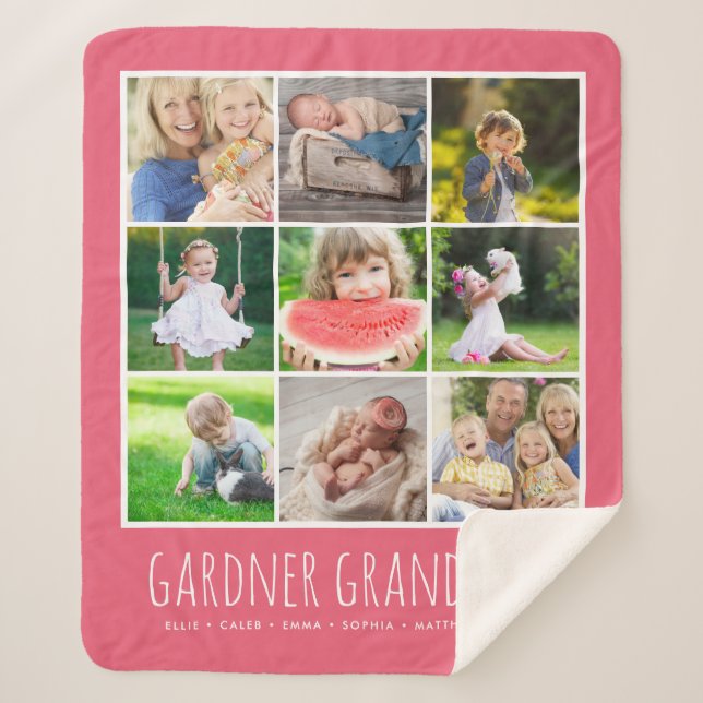 9 Photo Collage with Custom Grandkids Names | Pink Sherpa Blanket (Front)