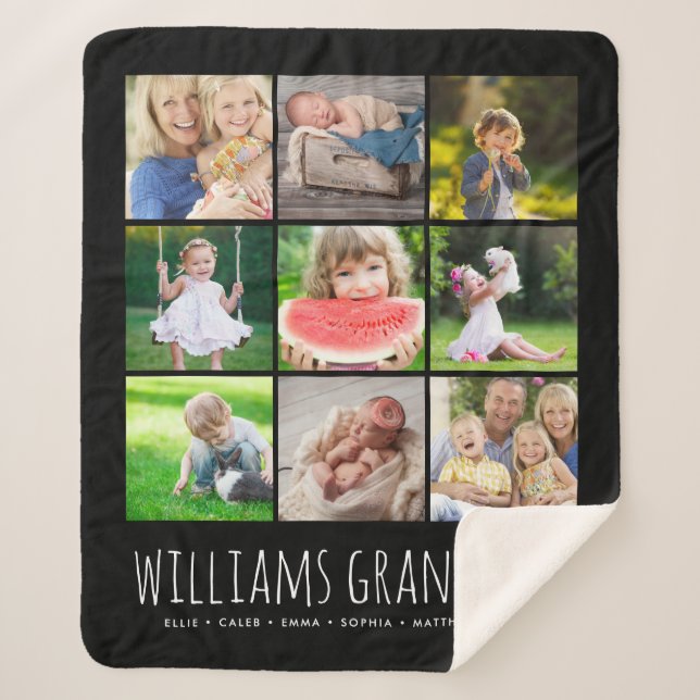 9 Photo Collage with Your Grandkids Names | Black Sherpa Blanket (Front)