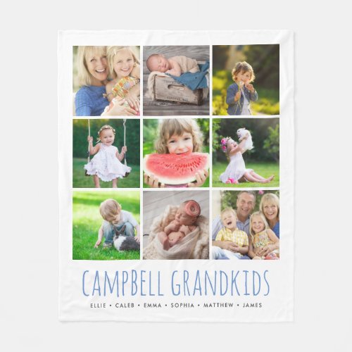 9 Photo Collage with Your Grandkids Names  White Fleece Blanket
