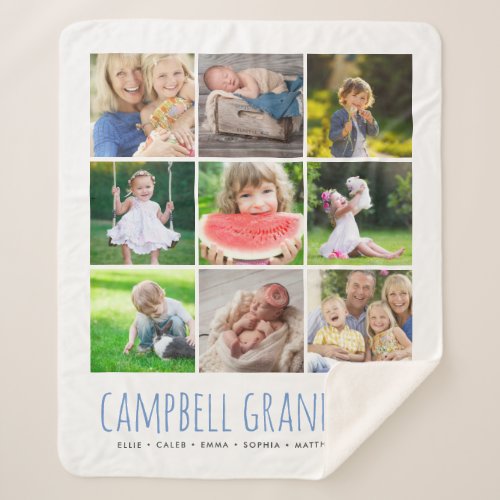 9 Photo Collage with Your Grandkids Names  White Sherpa Blanket