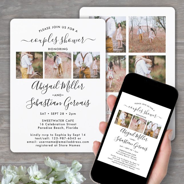 9 Photo Couples Bridal Shower Chic Modern Script Invitation (Creator Uploaded)