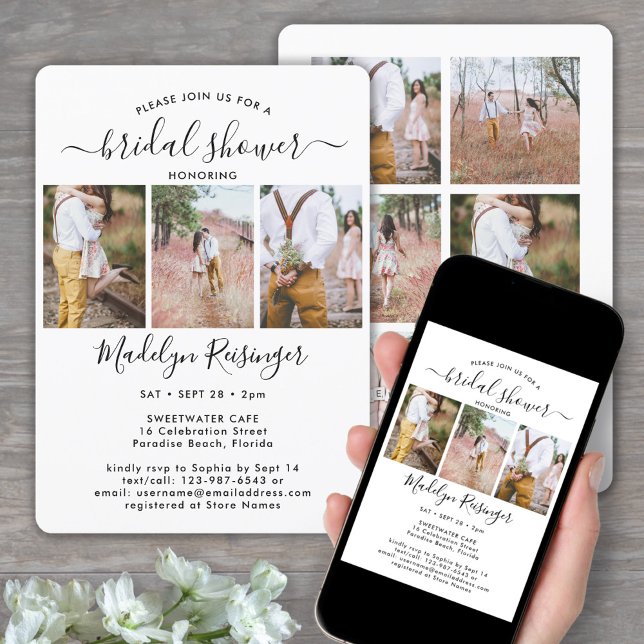 9 Photo Elegant Modern Calligraphy Bridal Shower Invitation (Creator Uploaded)