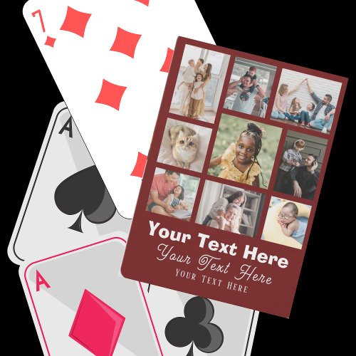 9 Photo Family or Collage With Text Burgundy Poker Cards