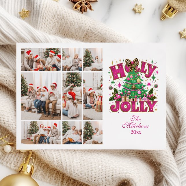 9 Photo Glitter Leopard Bow Holly Jolly Holiday Card (Creator Uploaded)