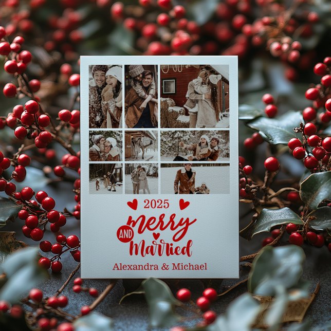 9 Photo Minimialist Merry and Married  Holiday Card (Creator Uploaded)