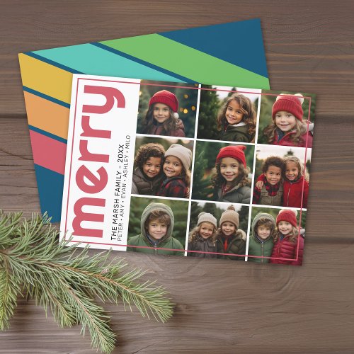 9 Photo Offset _ Bold Merry Christmas Retro Stripe Holiday Card