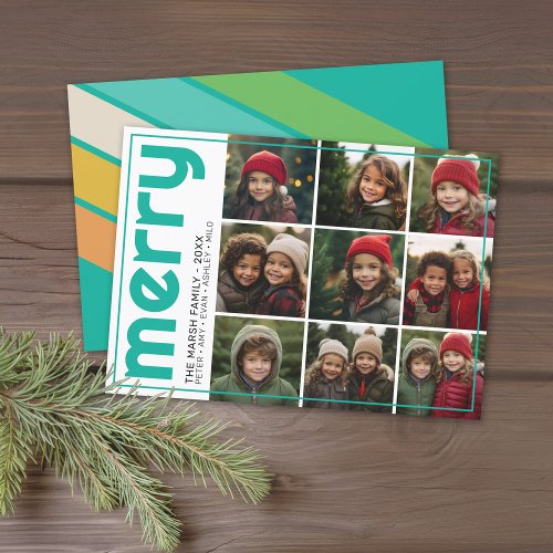 9 Photo Offset _ Bold Merry Christmas Retro Stripe Holiday Card