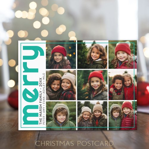 9 Photo Offset _ Bold Merry _ Christmas Teal _ Holiday Postcard