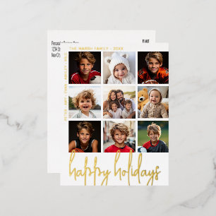 9 Photo Offset - Happy Holidays - Black and Gold - Foil Holiday Postcard