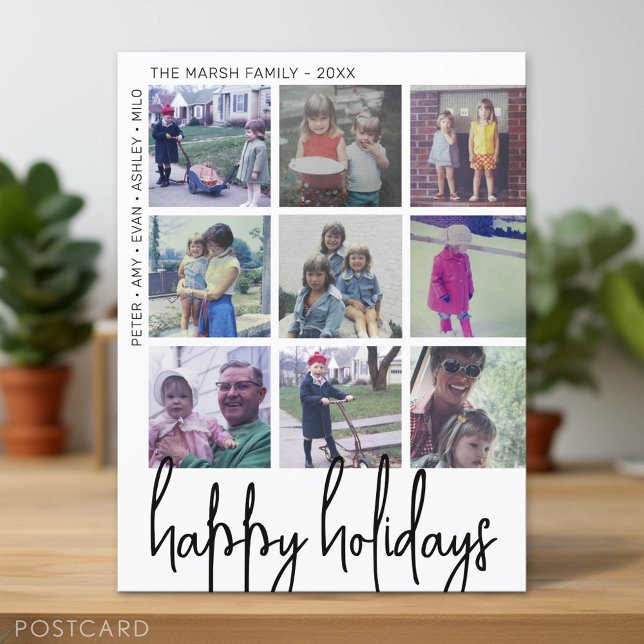 9 Photo Offset - Happy Holidays Black and White - Holiday Postcard (Custom Postcard)