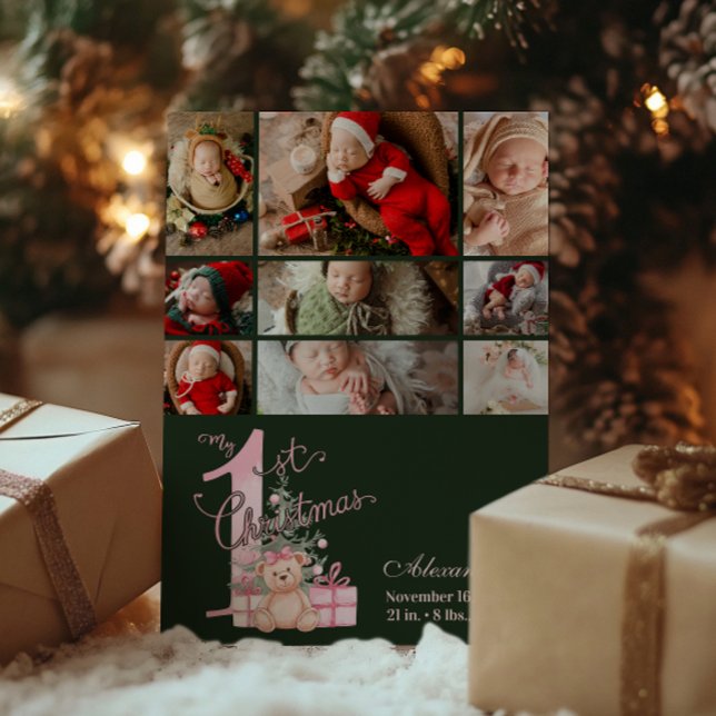 9 Photo  Pink Green Baby First Christmas Holiday Card (Creator Uploaded)