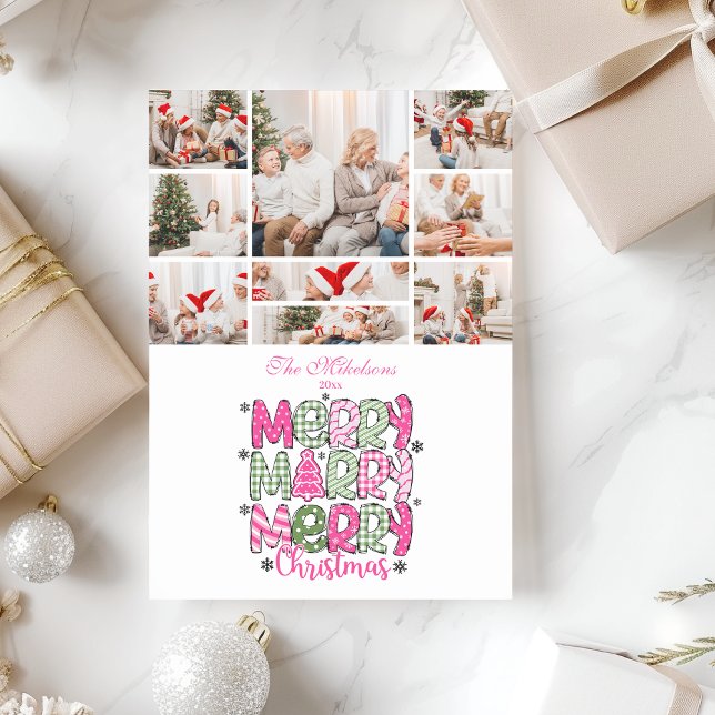 9 Photo Pink Green Merry Christmas Holiday Card (Creator Uploaded)
