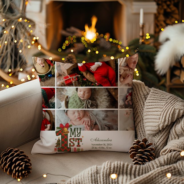 9 Photo Plaid First Christmas Throw Pillow (Creator Uploaded)