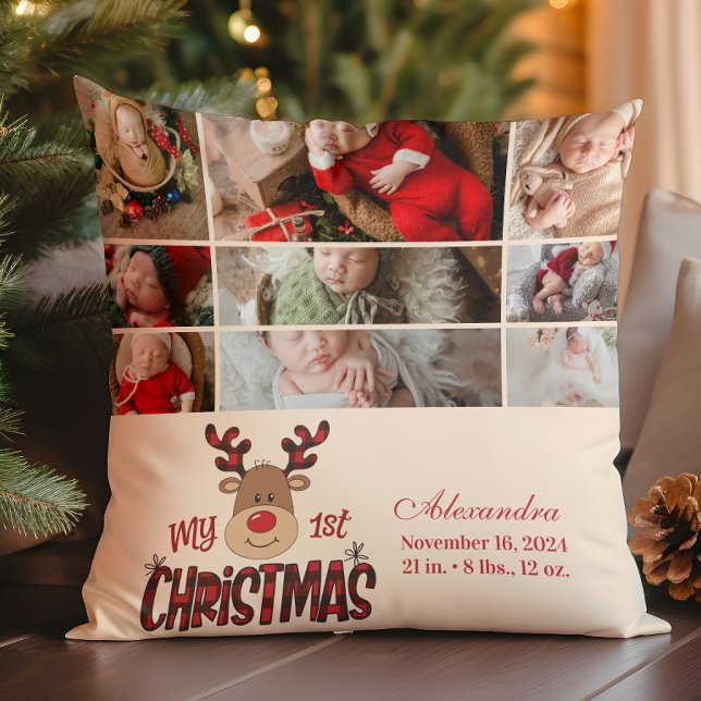 9 Photo Plaid Reindeer Baby First Christmas  Throw Pillow (Creator Uploaded)