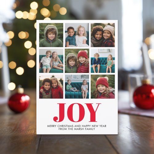 9 Photo Red Abstract Joy Modern Christmas Holiday Card