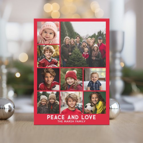 9 Photo Retro Stripe Christmas Red Peace and Love Holiday Card