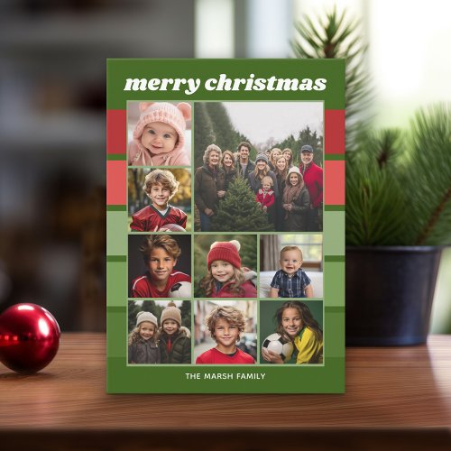 9 Photo Retro Stripes _ Red Green Funky Holiday Card