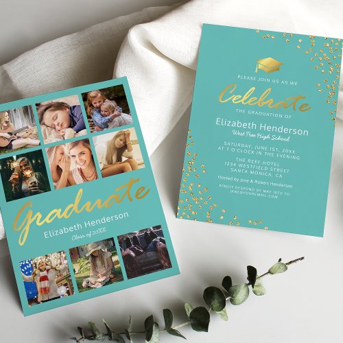 9 Photo Teal Gold 2024 Graduation Party Invitation