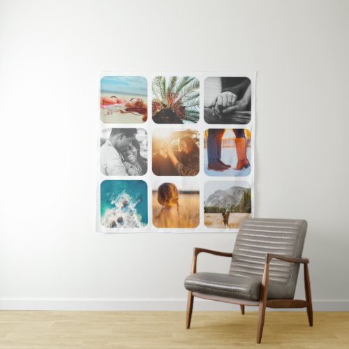 9 Photo Template Grid Rounded Frame White Wall Tapestry