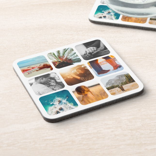 9 Photo Template Grid Rounded White Frame Beverage Coaster (Left Side)