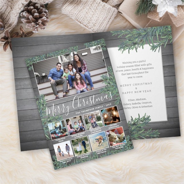 9 Photos & Captions Christmas Greenery & Gray Wood Holiday Card (Creator Uploaded)