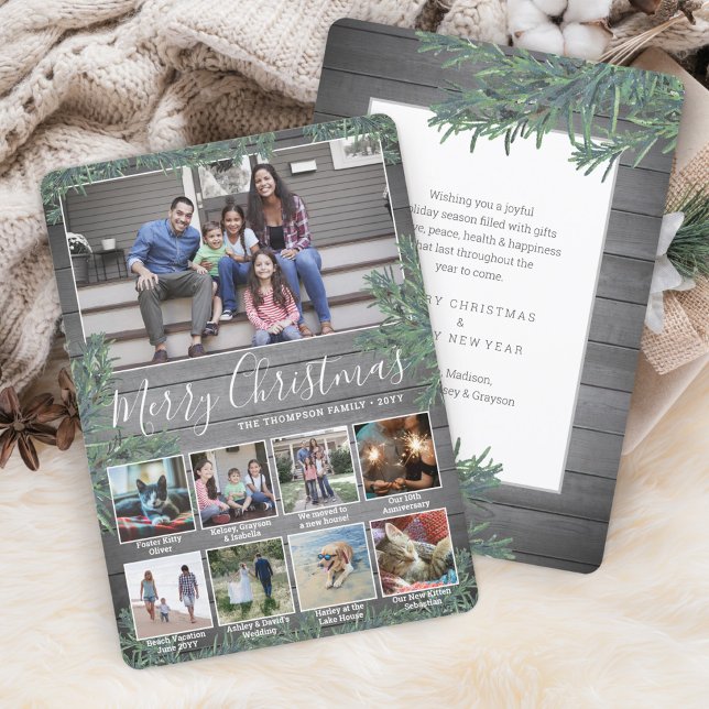 9 Photos & Captions Christmas Greenery & Gray Wood Holiday Card (Creator Uploaded)