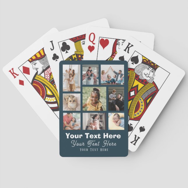 9 Photos Family with Script Text Navy Blue  Poker Cards (Back)