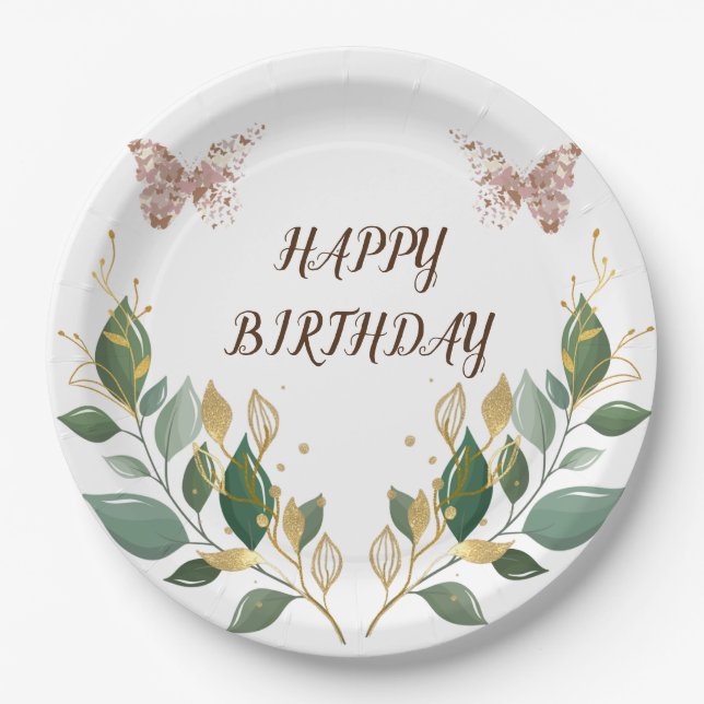 9" Round Floral Happy Birthday Paper Plate. Paper Plates (Front)