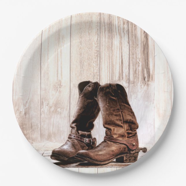9" Round Paper Plate Boots Country Rustic Western (Front)