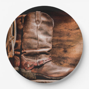 9" Round Paper Plate Cowboy Boots Barn Wood Rustic