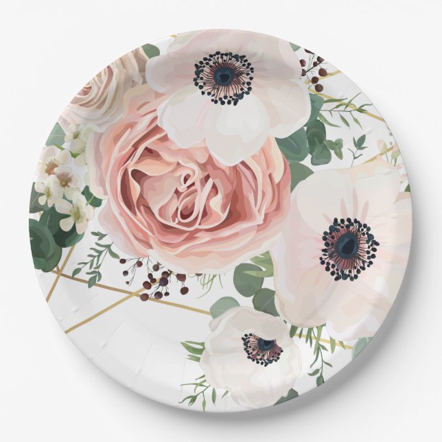 9" Round Paper Plate Geometric Garden Rose Anemone (Front)