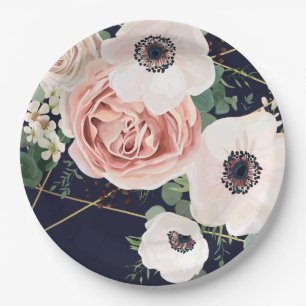 9" Round Paper Plate Geometric Garden Rose Navy
