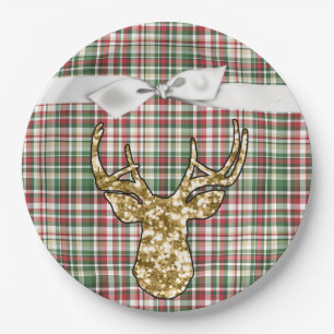 9" Round Paper Plate Gold Glitter Reindeer Plaid