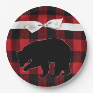 9" Round Paper Plate Red Buffalo Plaid Bear Black