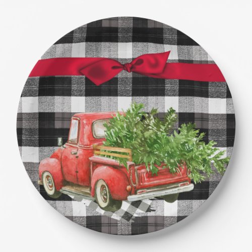 9 Round Paper Plate XMAS Truck Buffalo Plaid Blac