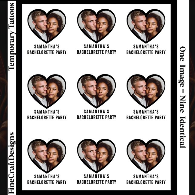 9 Same Image Custom Black Heart Frame, Photo Text Temporary Tattoos (Creator Uploaded)