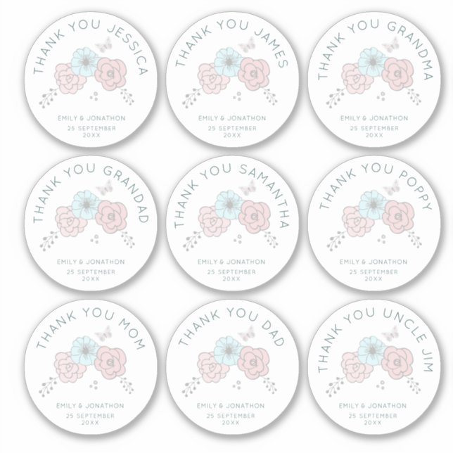 9 Small Individual Name Thanks Flower Wedding Sticker (Front)