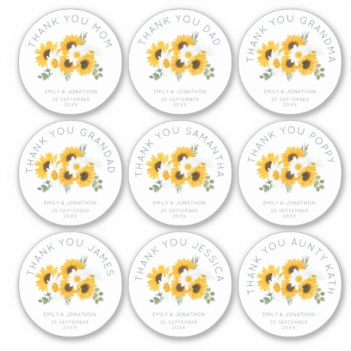 9 Small Individual Name Thanks Wedding Sunflower Sticker