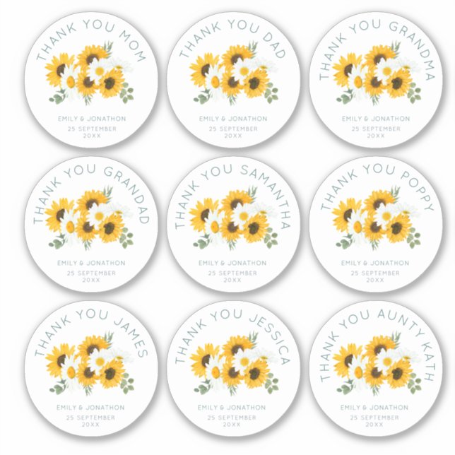9 Small Individual Name Thanks Wedding Sunflower Sticker (Front)