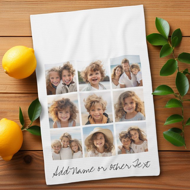 9 Square Photo Collage - Black and White Towel (Personalized Kitchen Towel with photos and text - Makes a great gift)