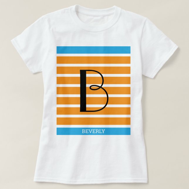 9 Stripes Orange Blue Personalized Monogram T-Shirt (Design Front)