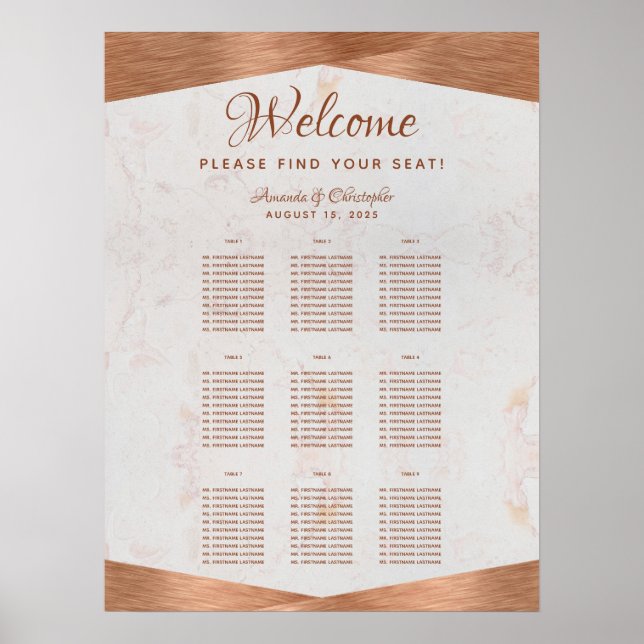 9 Table Copper Wedding Seating Chart Marble Metal (Front)