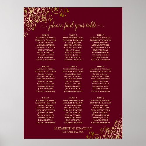 9 Table Elegant Burgundy  Lacy Gold Seating Chart