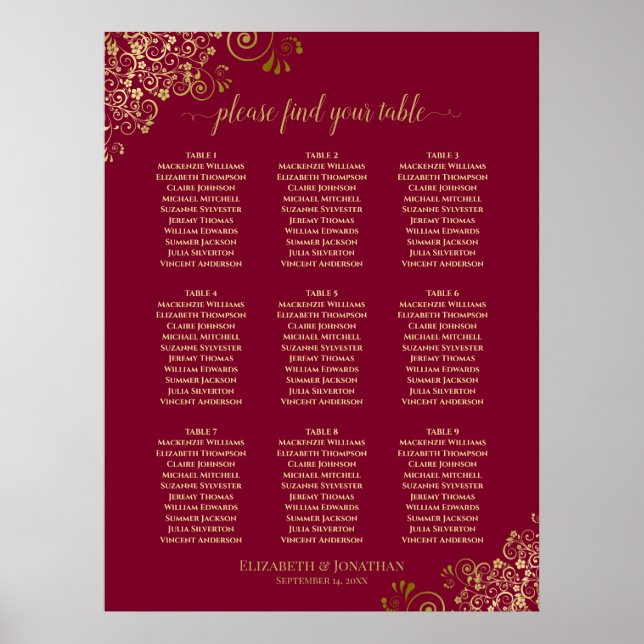 9 Table Elegant Burgundy & Lacy Gold Seating Chart (Front)