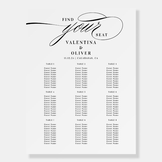 9 Table Elegant Calligraphy Wedding Seating Chart  Foam Board (Front)