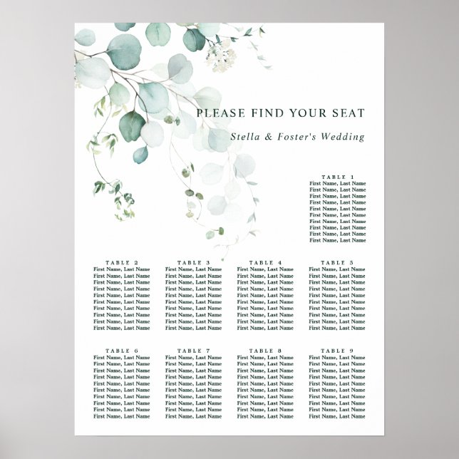 9 Table Elegant Green Foliage Seating Chart  (Front)