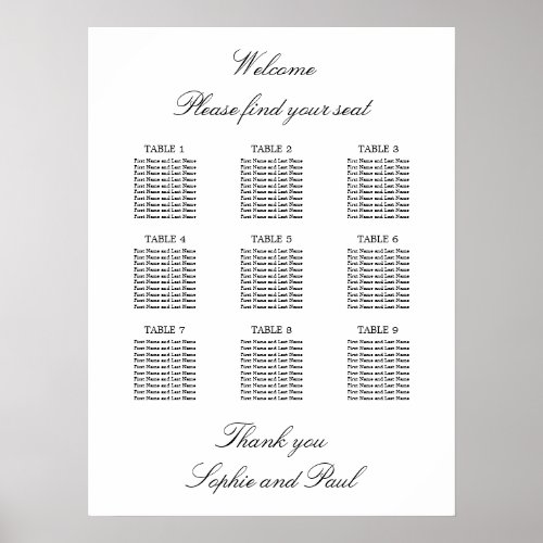 9 Table Elegant Minimalist Seating Chart