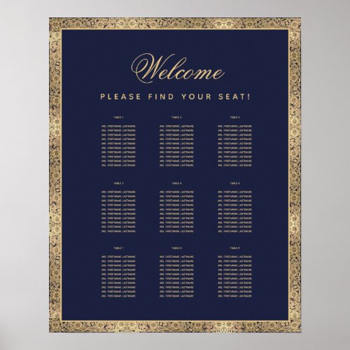 9 Table Elegant Navy Blue Gold Roses Seating Chart