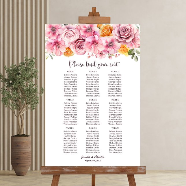 9 Table Elegant Pink Floral Wedding Seating Chart (Creator Uploaded)